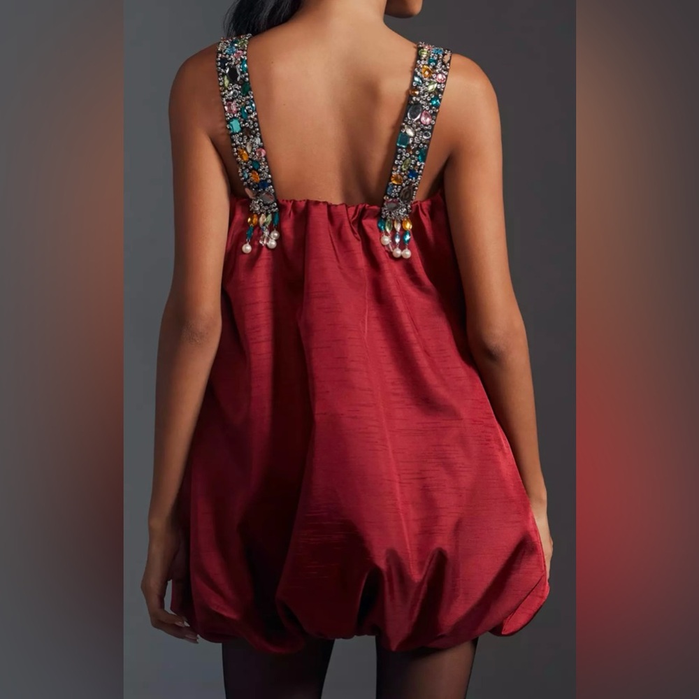 Burgundy Anthropology party dress with rhinestone straps